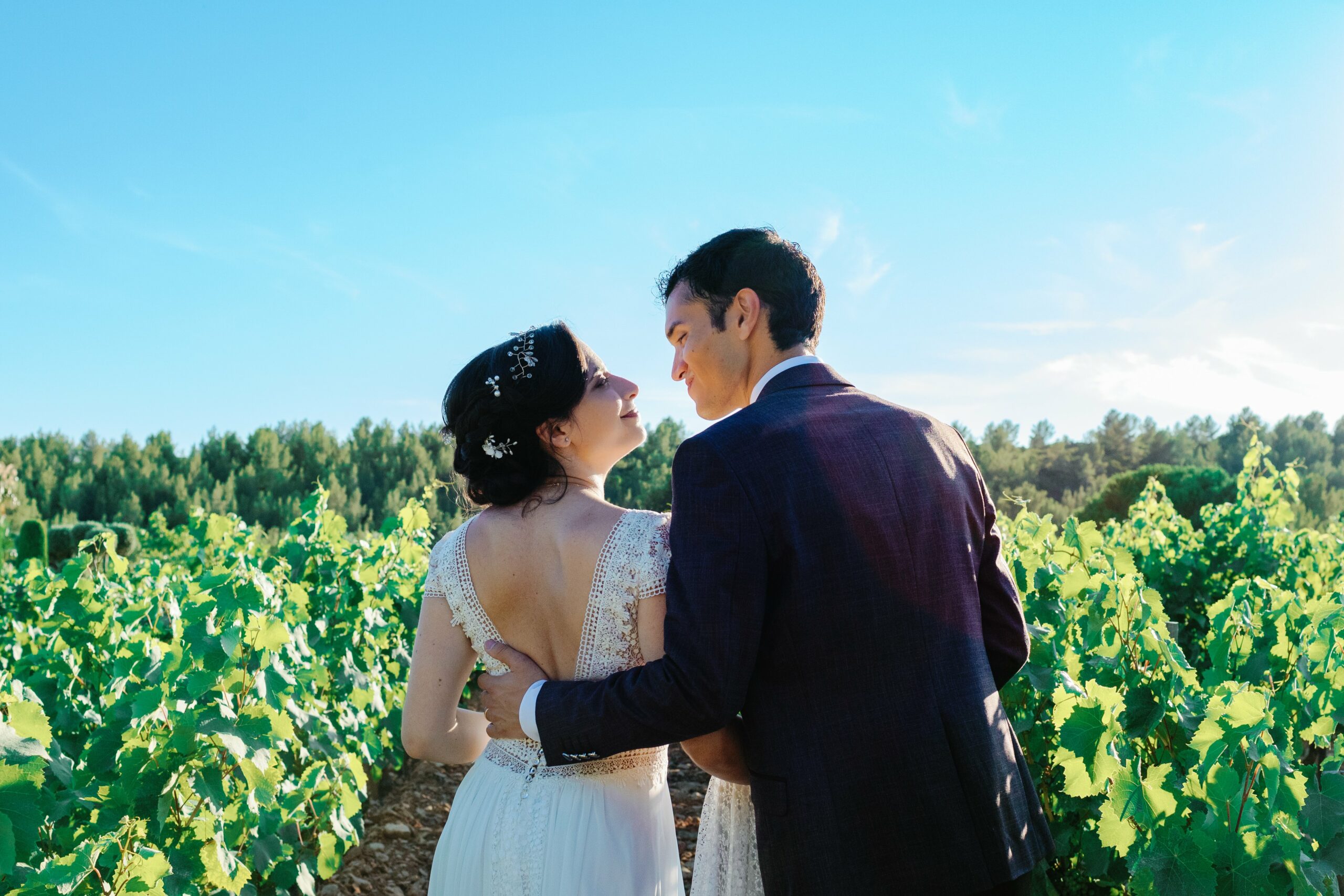 Mariés s'embrassant au milieu des vignes, en Provence